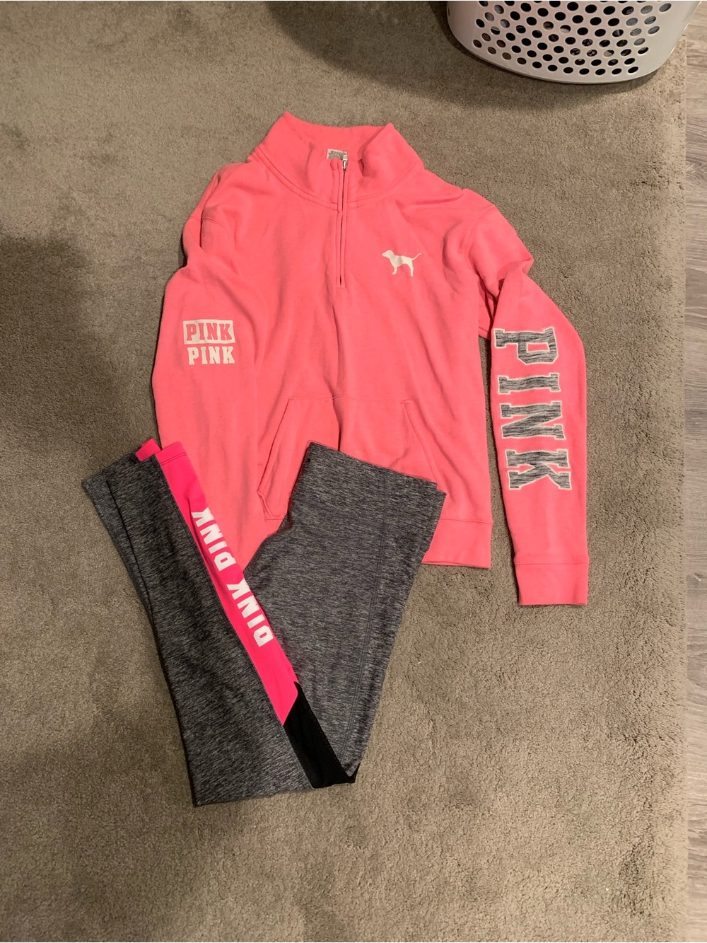 Victoria's Secret PINK Ultimate Gray and Black Leggings and half zip sweatshirt